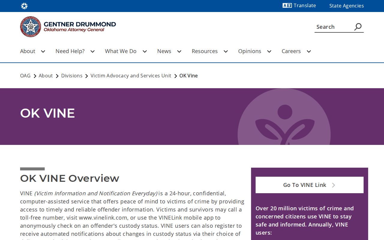 Cotton County VINE inmate notification coverage on the Oklahoma Attorney General website